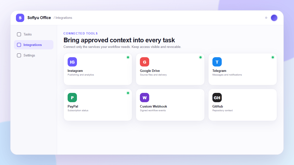 Softyu Office integrations panel with connected business tools