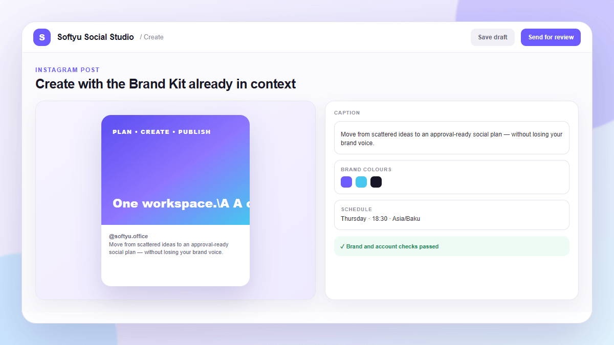 Social Create workspace showing an Instagram draft and approval workflow