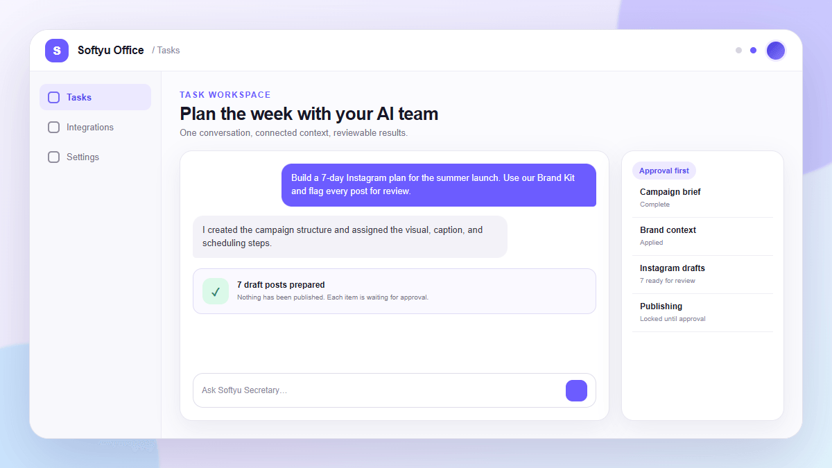 Task conversation with AI drafts, feedback, and approval controls